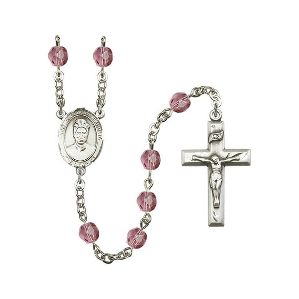 Bonyak Jewelry 18 Inch Rhodium Plated Necklace w/ 6mm Purple February Birth Month Stone Beads and Saint Josephine Bakhita Charm 